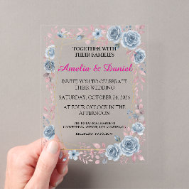 Invitación de boda de acrílico floral azul polvori