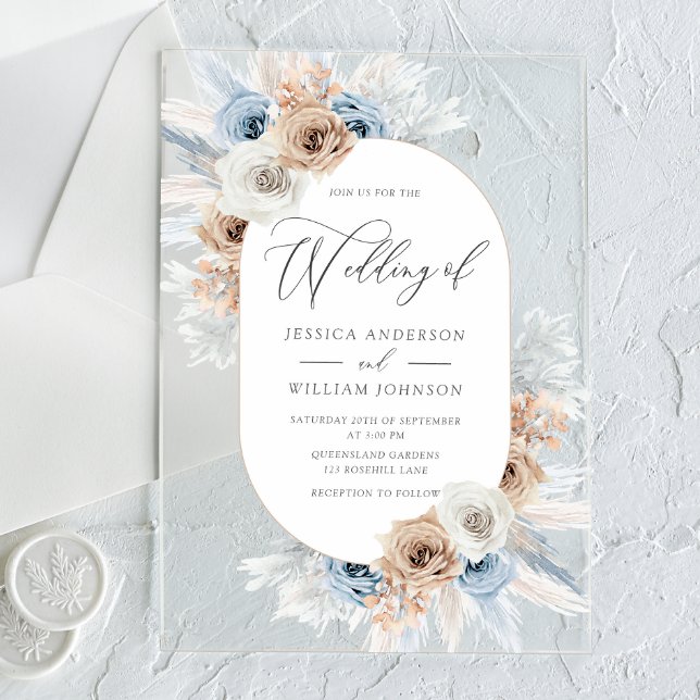 Invitación de boda de acrílico floral blanco azul  (Subido por el creador)