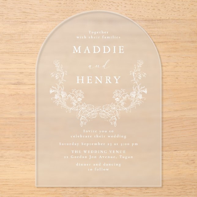 Invitación de boda de acrílico floral blanco elega (Anverso)