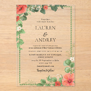 Invitación de boda de acrílico floral coral