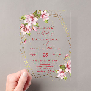 Invitación de boda de acrílico floral de magnolia