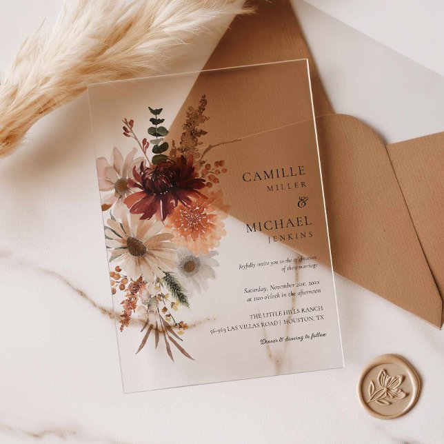 Invitación de boda de acrílico floral de otoño de  (Elegant Acrylic Fall Burgundy Acrylic Wedding Invitation)