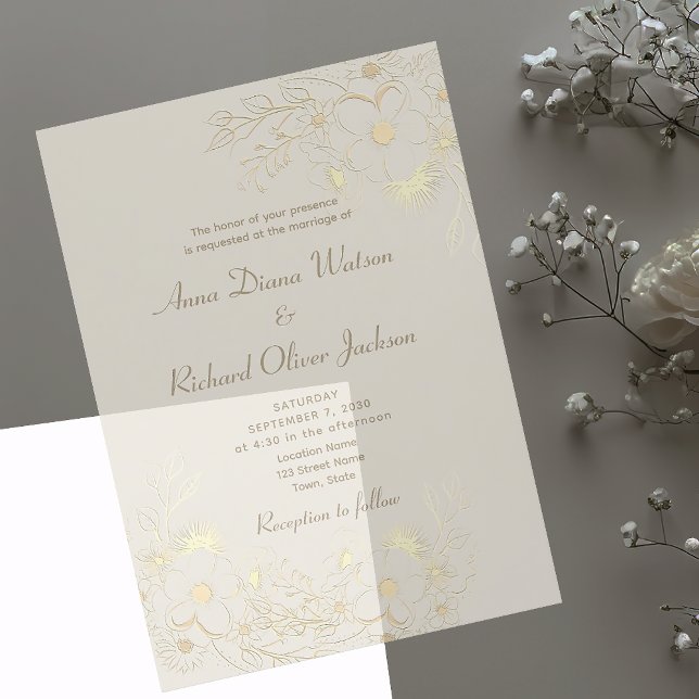 Invitación de boda de acrílico floral dorado marfi (Subido por el creador)