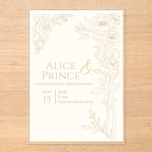 Invitación de boda de acrílico floral editable (Anverso)