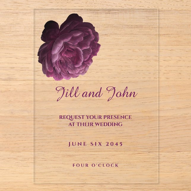 Invitación de boda de acrílico Floral morado elega (Anverso)