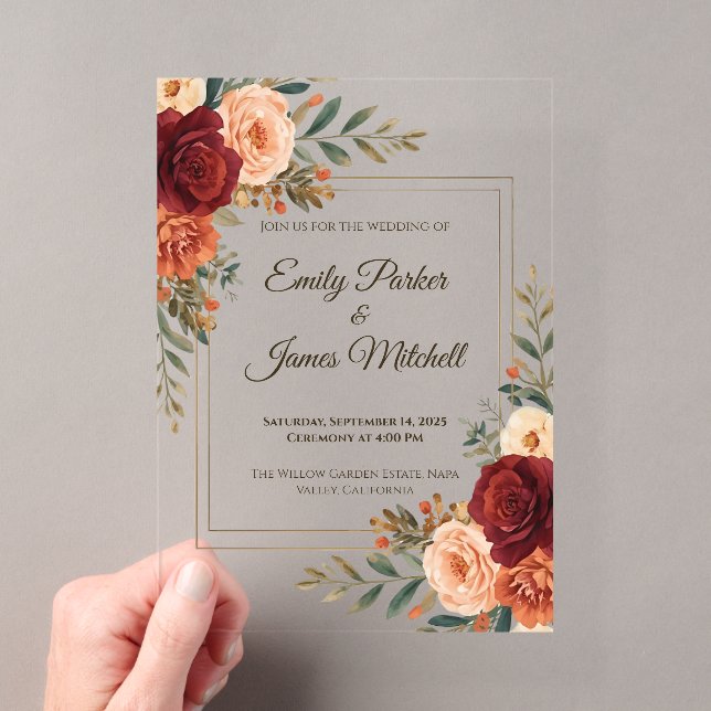 Invitación de boda de acrílico floral otoñal rústi (Insitu (portátil))
