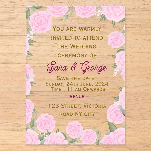 Invitación de boda de acrílico floral rosa (Anverso)
