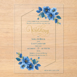 Invitación de boda de acrílico floral zafiro real