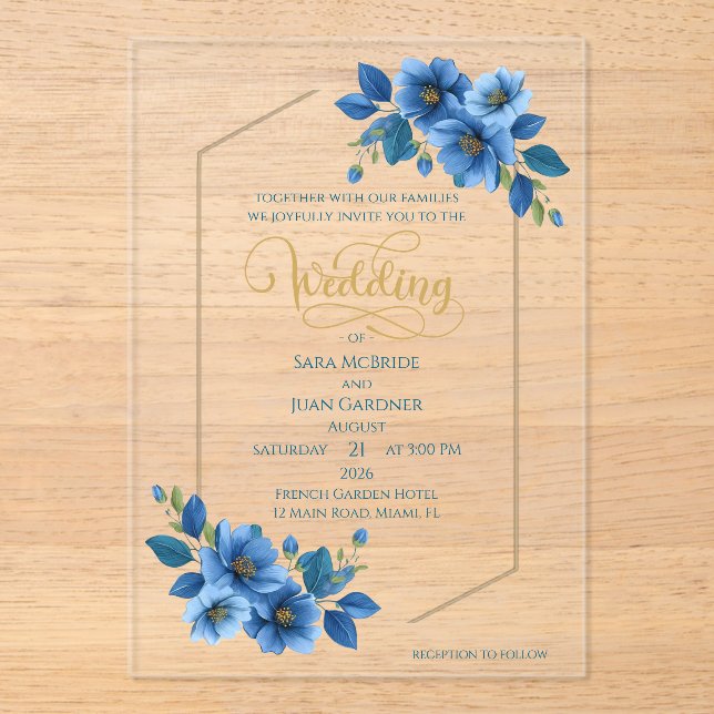 Invitación de boda de acrílico floral zafiro real (Anverso)
