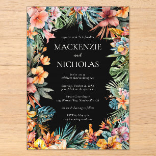Invitación de boda de acrílico negro floral tropic