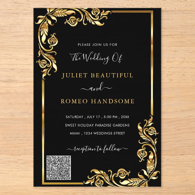 Invitación de boda de acrílico 'Oro Negro' con cód (Anverso)