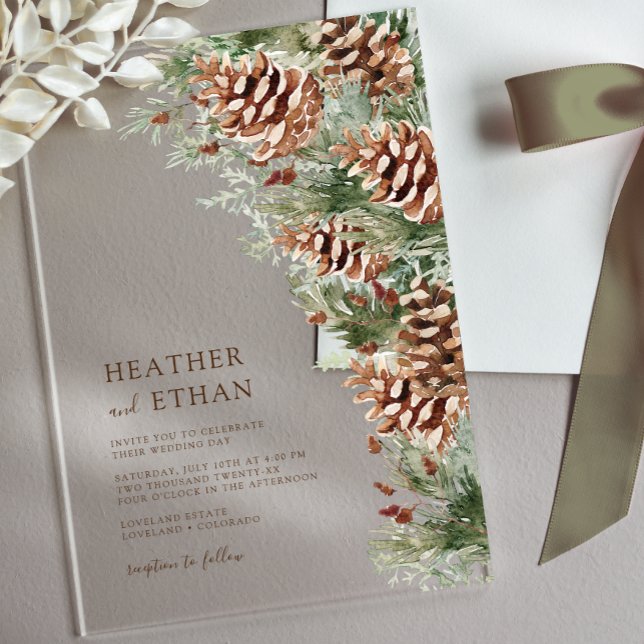 Invitación de Boda de Acrílico Pino de Invierno (Winter Pine Watercolor Acrylic Wedding Invitation by Painted Paperie
)