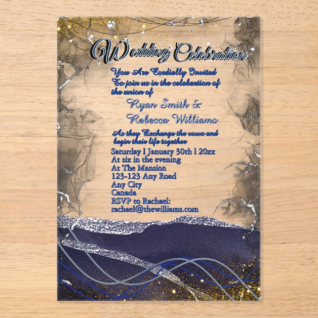 Invitación de boda de acrílico plateado dorado y a (Anverso)