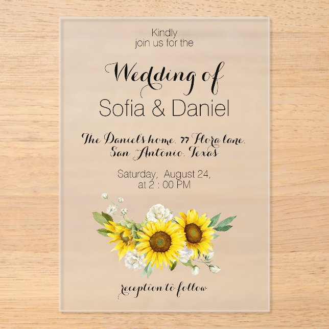 Invitación de boda de acrílico rosa blanca girasol (Anverso)