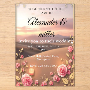 Invitación de boda de acrílico rosa dorado Roman