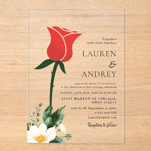 Invitación de boda de acrílico Rosa Roja (Anverso)