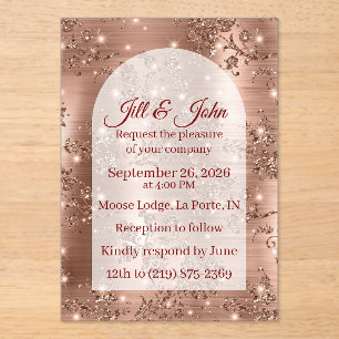 Invitación de boda de acrílico RoseGold con brillo