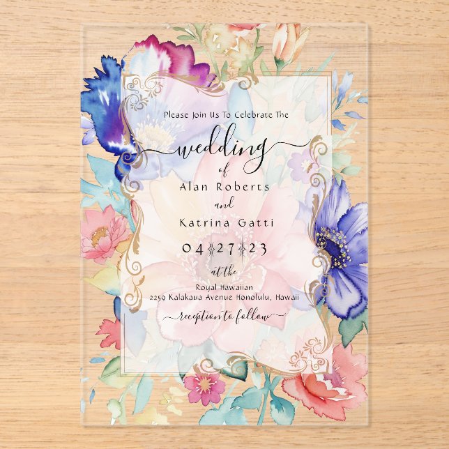 Invitación de Boda de Acrílico Transparente con Fl (Anverso)