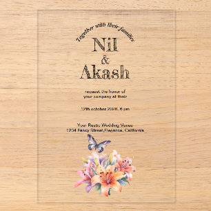 Invitación de boda de acrílico transparente con fl