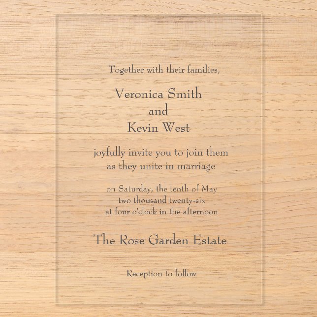 Invitación de Boda de Acrílico Transparente Templa (Anverso)