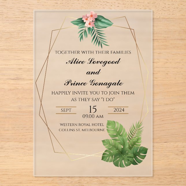 Invitación de boda de acrílico tropical con marco  (Anverso)