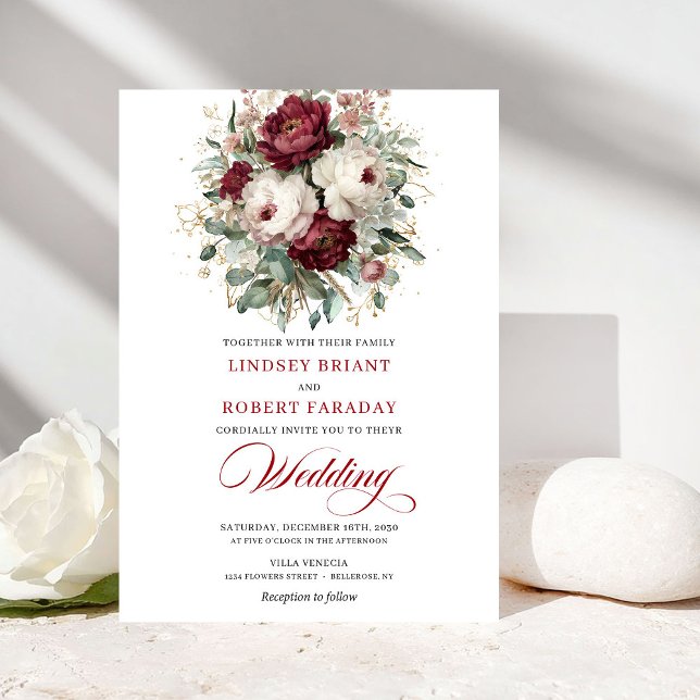 Invitación de boda de acuarela blanca de Borgoña c (Classic Burgundy White Watercolor Wedding Invitation)