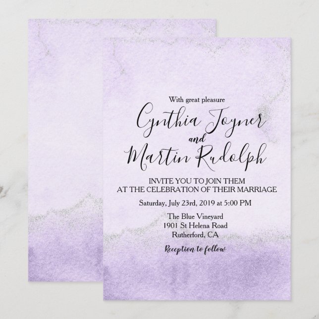 Invitación de boda de acuarela con brillo de lavan (Anverso / Reverso)