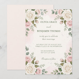 Invitación de boda de acuarela con crema de rosa r