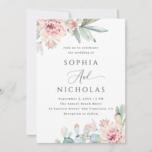 Invitación de Boda de Acuarela con Floral y Cactus (Anverso)