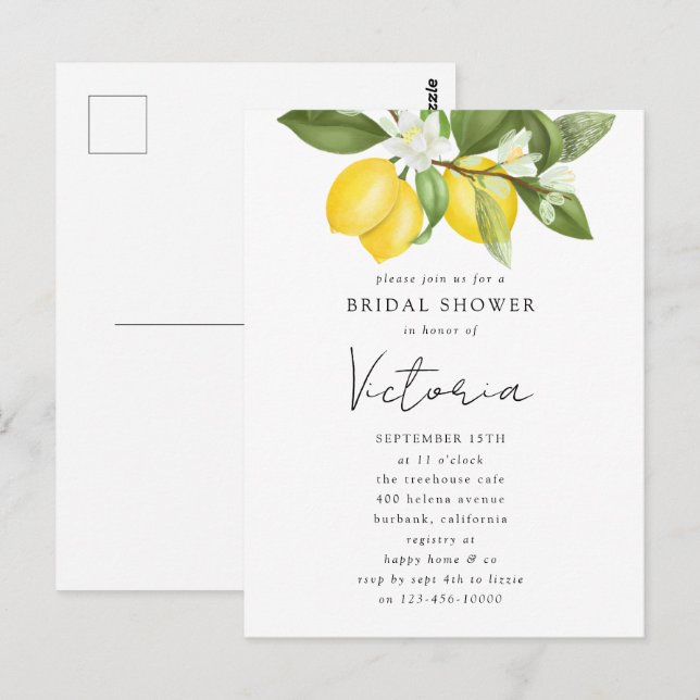 Invitación de boda de acuarela con limones cítrico (Anverso / Reverso)