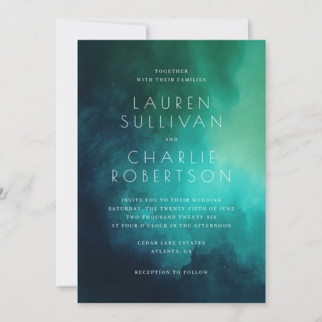 Invitación de boda de acuarela de agua teal tranqu (Anverso)