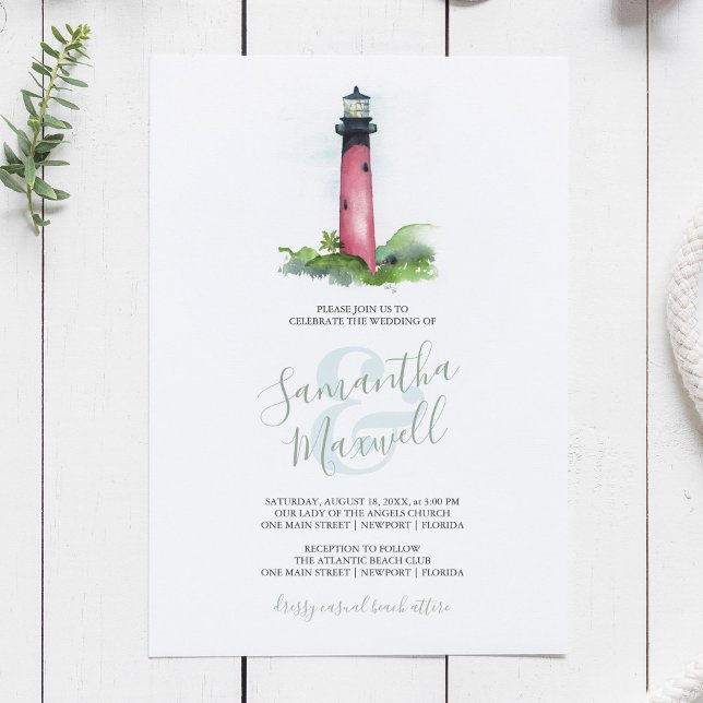 Invitación de Boda de Acuarela de Faro Costero (Beach wedding invitation ocean and lighthouse watercolor art by Victoria Grigaliunas)