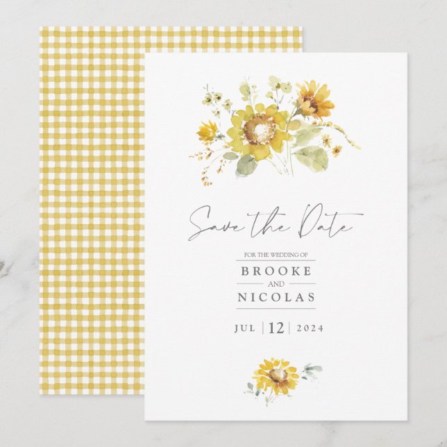 Invitación de boda de acuarela de girasol amarillo (Anverso / Reverso)