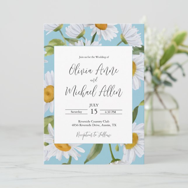 Invitación de boda de acuarela de margaritas blanc (Anverso de pie)