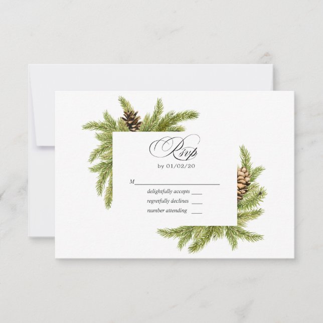 Invitación de boda de acuarela de pinos de inviern (Anverso)