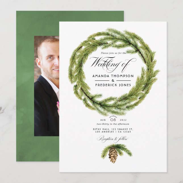 Invitación de boda de acuarela de pinos de inviern (Anverso / Reverso)