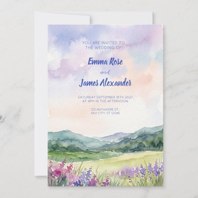 Invitación de boda de acuarela de prado de lavanda (Anverso)