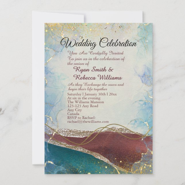 Invitación de boda de acuarela en oro marrón rojiz (Anverso)
