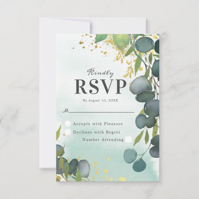 Invitación de boda de acuarela en verde polvorient (Anverso)