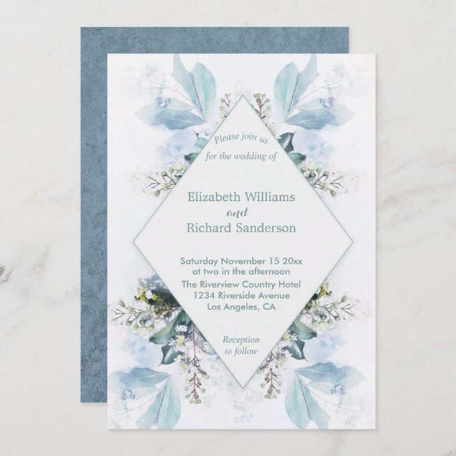 Invitación de boda de acuarela floral azul desvaíd (Anverso / Reverso)
