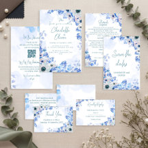 Invitación de boda de acuarela floral azul polvori