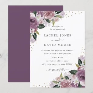 Invitación de boda de acuarela floral púrpura dora