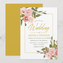 Invitación de boda de acuarela floral rosa y dorad