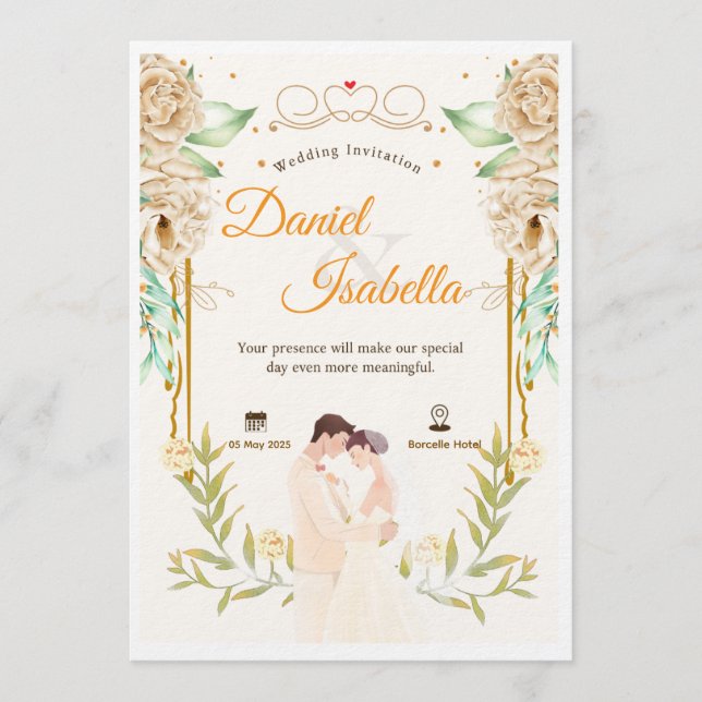 Invitación de boda de acuarela floral verde beige (Anverso)