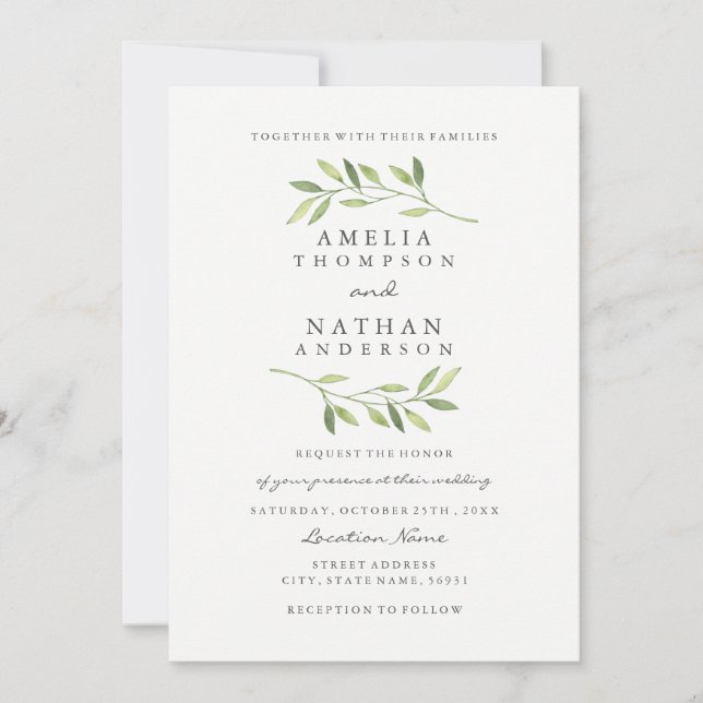 Invitación de boda de acuarela hoja verde (Anverso)