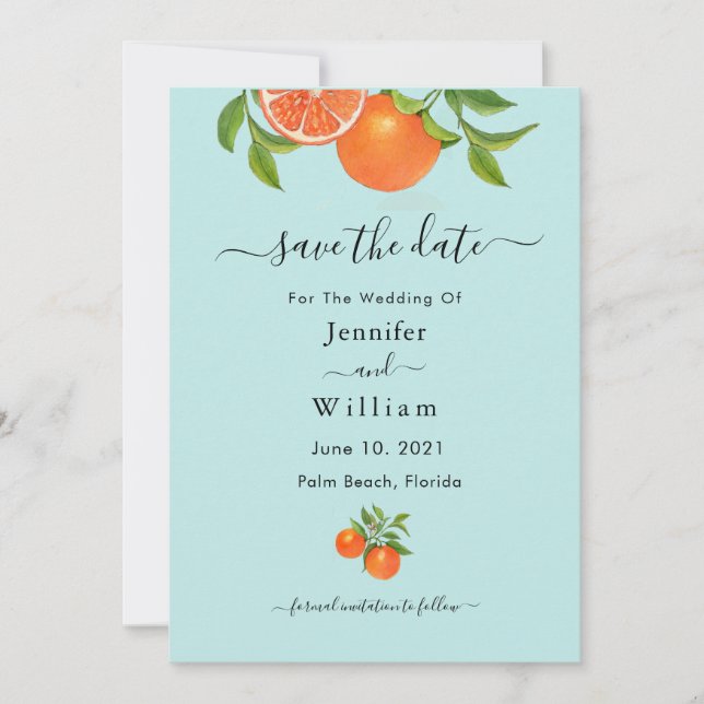 Invitación de boda de acuarela naranja de cítricos (Anverso)