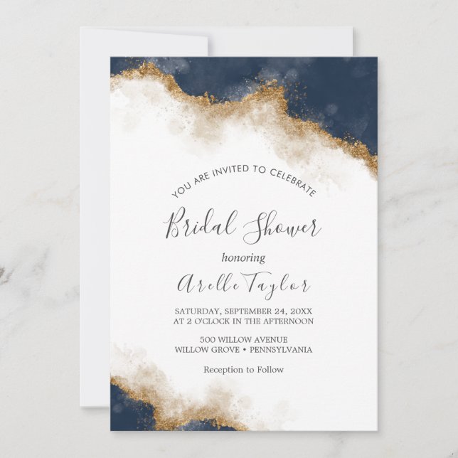 Invitación de boda de acuarela navy abstracta (Anverso)