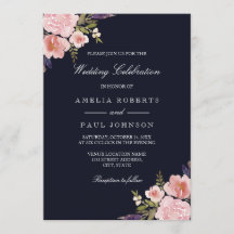 Invitación de boda de acuarela Peonías Rosa Azul M