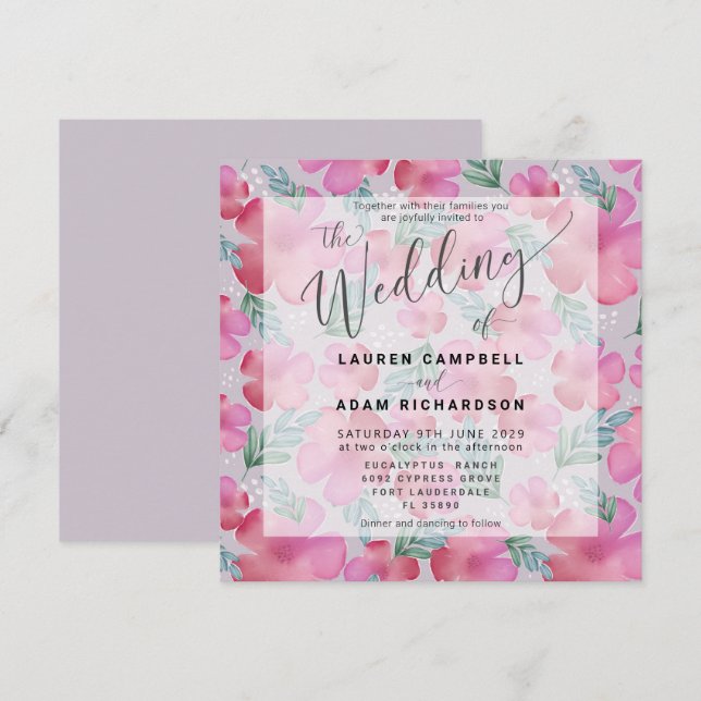 Invitación de boda de acuarela rosa Boho Floral Bl (Anverso / Reverso)