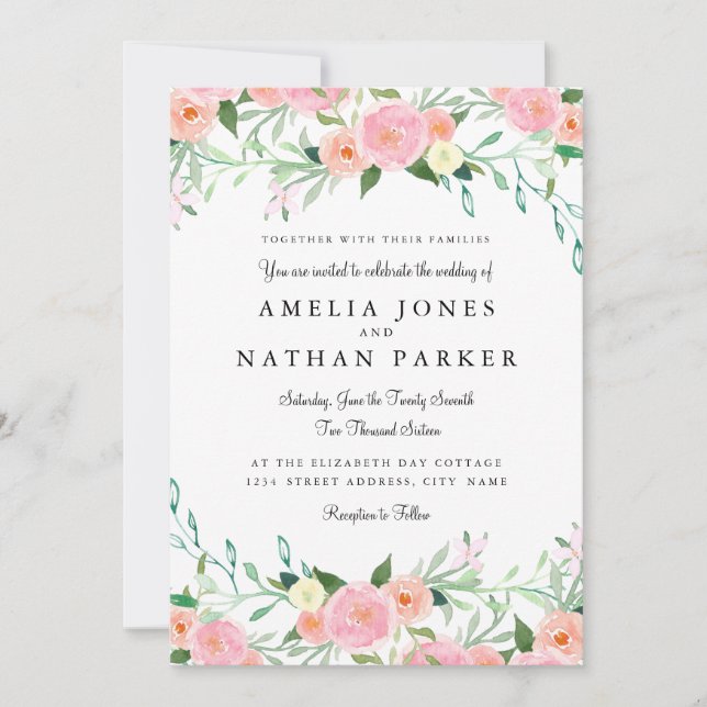 Invitación de boda de acuarela rosa melocotón dulc (Anverso)